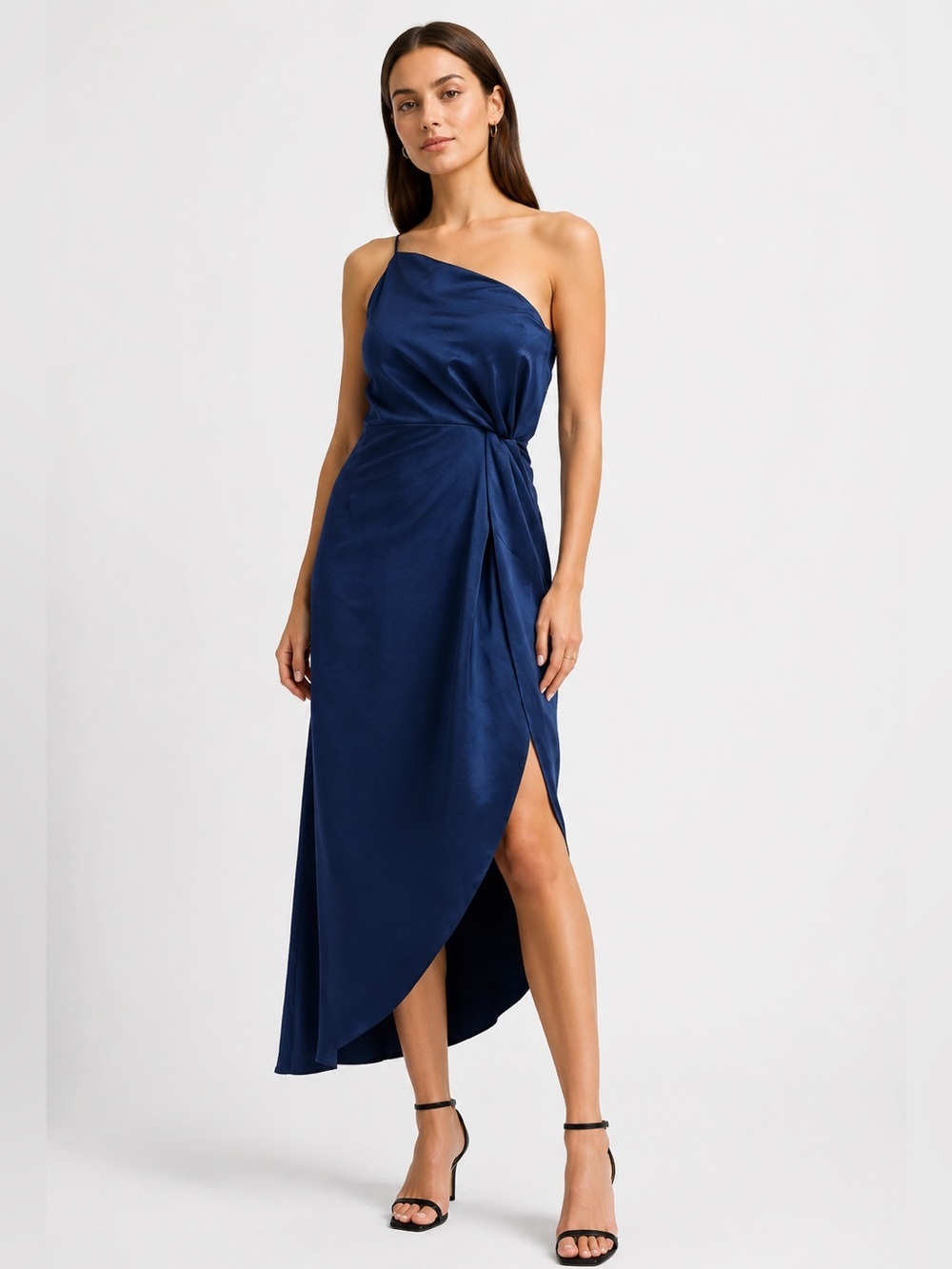 OPT Ivy One Shoulder Blue Satin Maxi Dress Slit NWT Small